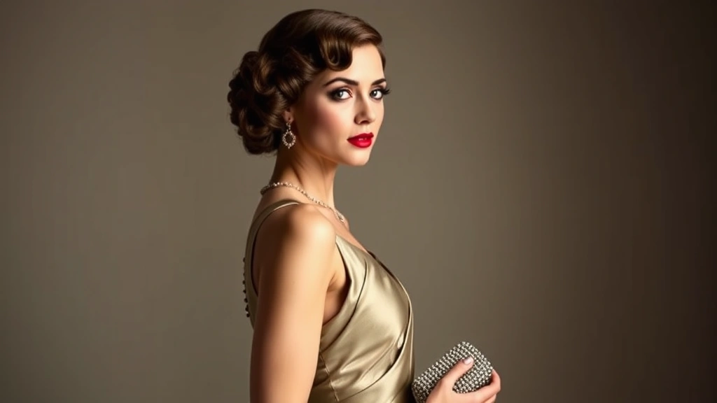 Full-length portrait of elegant woman in bias-cut satin gown with subtle beading, styled hair in finger waves, bold red lipstick, holding beaded evening bag, sophisticated 1920s aesthetic, soft dramatic lighting