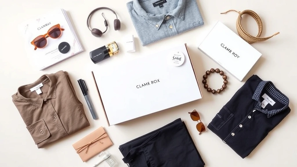 Overhead flat lay of carefully curated subscription fashion box contents featuring folded clothing items, accessories, and branded packaging on neutral background, natural lighting, minimalist aesthetic, high-end styling