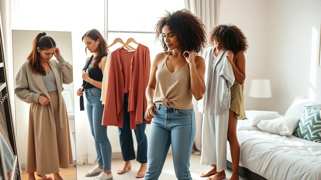 Woman trying on different outfits at home, trying multiple clothing pieces from subscription box, natural window lighting, diverse body representation, genuine styling moment, modern bedroom setting