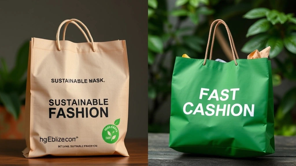 Split-screen comparison showing sustainable fashion packaging and traditional fast-fashion shopping bags side by side, environmental consciousness visual metaphor, eco-friendly materials emphasis, lifestyle photography