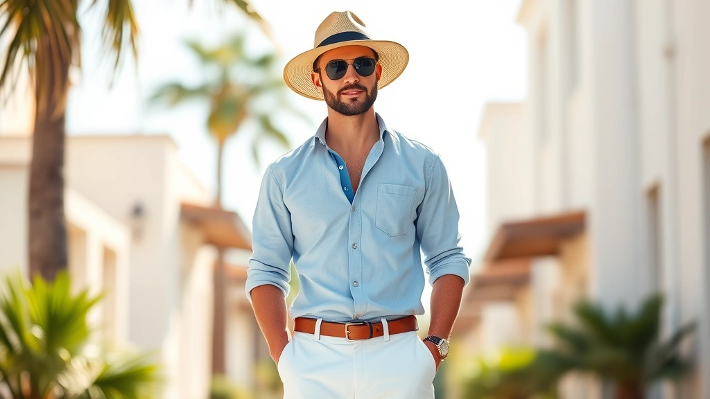 Photorealistic portrait of a stylish man wearing a light blue linen shirt, white shorts, and a Panama hat, standing in bright natural sunlight with a relaxed confident posture, showcasing summer menswear elegance