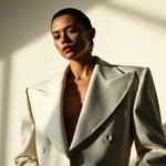 Avant-garde model wearing sculptural oversized blazer with exaggerated shoulders and impossible geometric proportions, ethereal lighting, editorial fashion photography, dramatic shadows