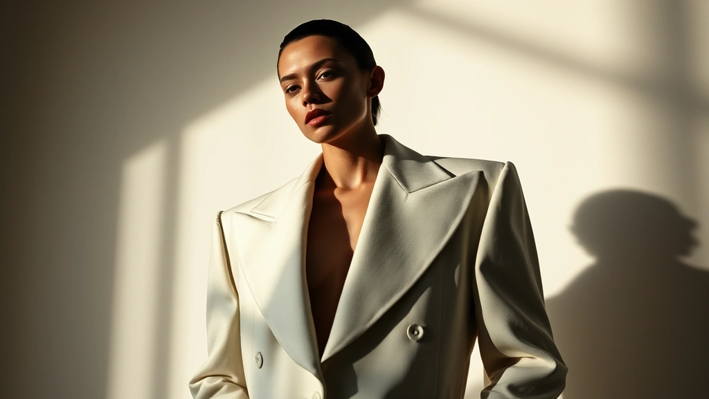 Avant-garde model wearing sculptural oversized blazer with exaggerated shoulders and impossible geometric proportions, ethereal lighting, editorial fashion photography, dramatic shadows