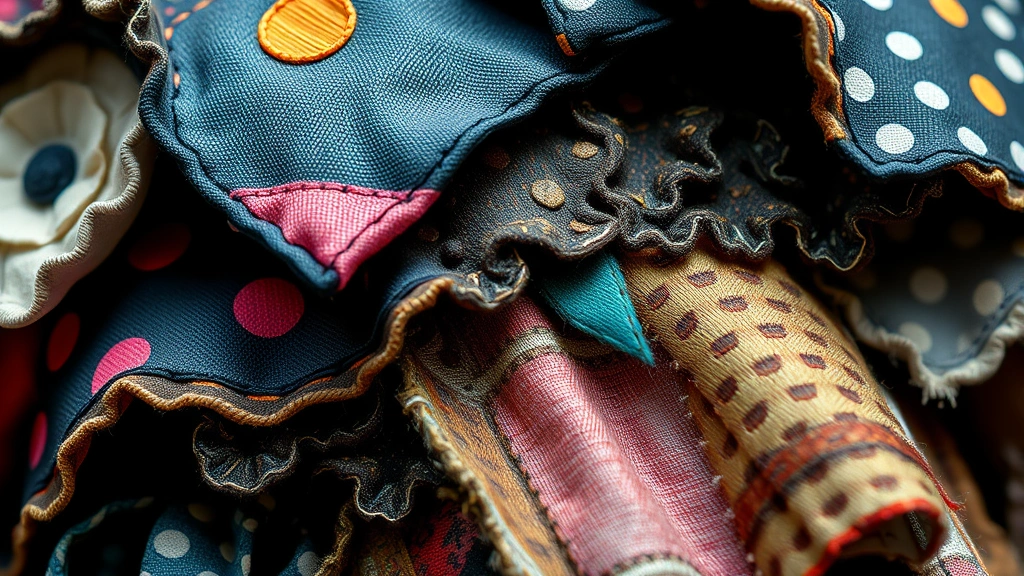 Intricate textile detail featuring layered fabrics with clashing patterns, unusual textures mixed together, 3D elements, close-up macro photography, artistic fashion design