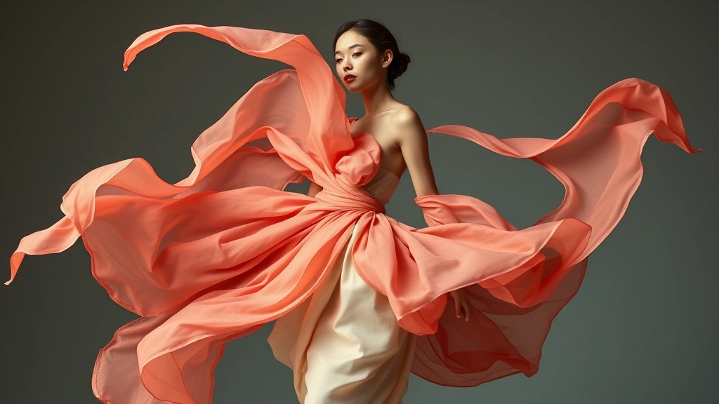 Editorial fashion shot of model in surrealist dress with distorted silhouette, flowing unconventional materials, dreamlike color palette, artistic movement captured in fabric, high-end fashion photography