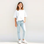 A teenage girl wearing a white oversized t-shirt, light blue jeans, and white sneakers, standing against a neutral background, natural sunlight, confident relaxed posture, minimal jewelry, fresh clean aesthetic