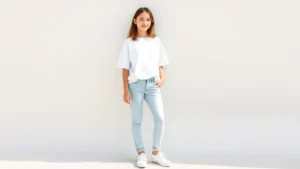 A teenage girl wearing a white oversized t-shirt, light blue jeans, and white sneakers, standing against a neutral background, natural sunlight, confident relaxed posture, minimal jewelry, fresh clean aesthetic