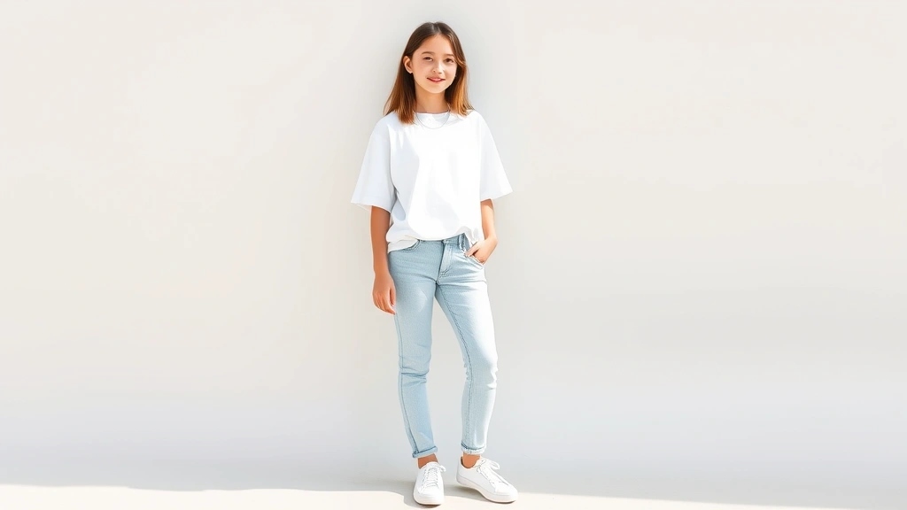 A teenage girl wearing a white oversized t-shirt, light blue jeans, and white sneakers, standing against a neutral background, natural sunlight, confident relaxed posture, minimal jewelry, fresh clean aesthetic