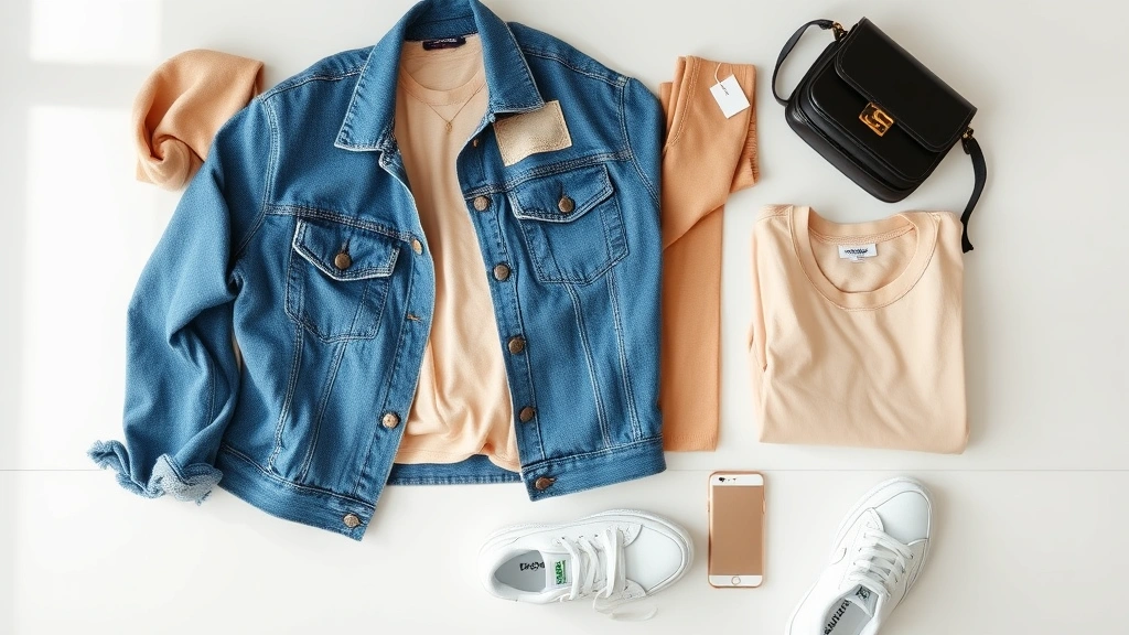 Flat lay of teenage wardrobe essentials including folded neutral color basics, denim jacket, white sneakers, simple gold necklace, crossbody bag, and small accessories arranged on white surface with natural lighting