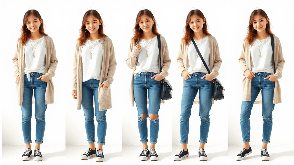 Teenage girl styling an outfit with a neutral cardigan layered over a basic tee and jeans, accessorized with delicate jewelry and a shoulder bag, standing in bright natural light showing multiple outfit combination possibilities