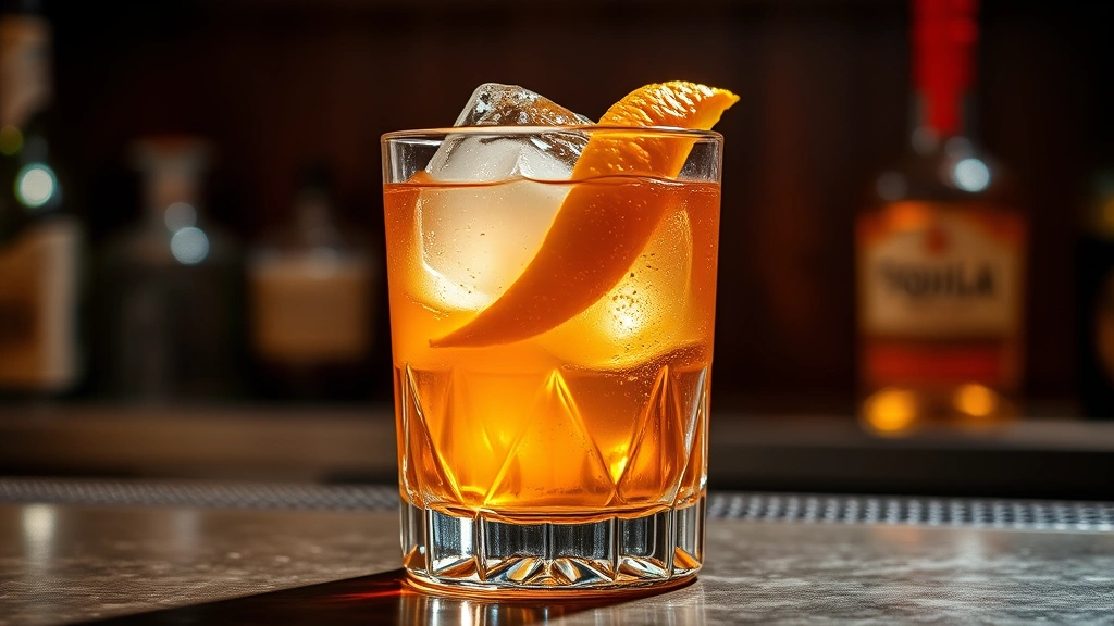 Crystal rocks glass filled with golden tequila cocktail, large ice cube, orange twist garnish, warm amber lighting, dark wood bar background, professional mixology photography