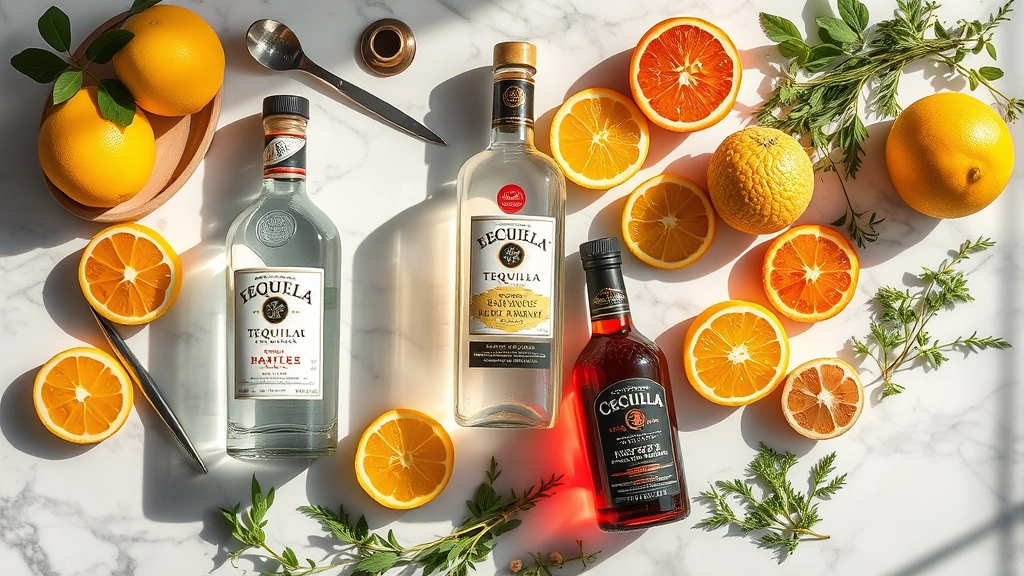 Overhead flat lay of premium tequila bottles, fresh citrus fruits, aromatic bitters, bar tools, and fresh herb sprigs arranged artfully on marble surface with natural light