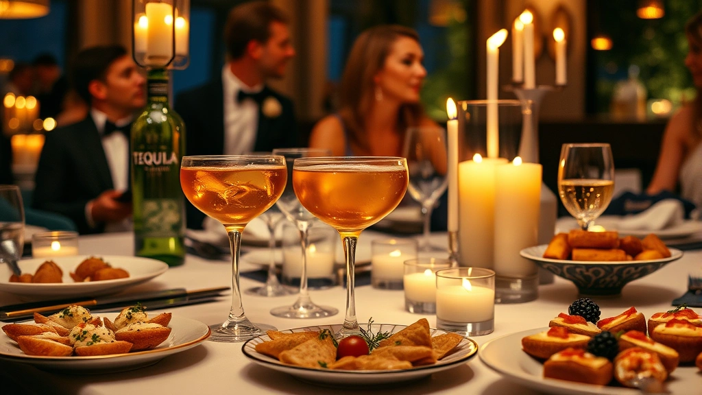 Elegant dinner party scene with tequila old fashioned cocktails served alongside gourmet appetizers, candlelit table setting, sophisticated guests in background, warm evening ambiance