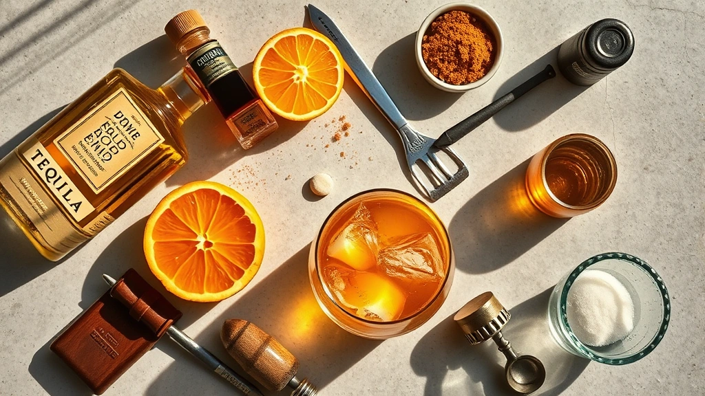 Overhead flat lay of tequila old fashioned components arranged artfully: bottle of reposado tequila, fresh orange, quality bitters, bar tools, demerara sugar, and finished cocktail in elegant glassware, natural lighting