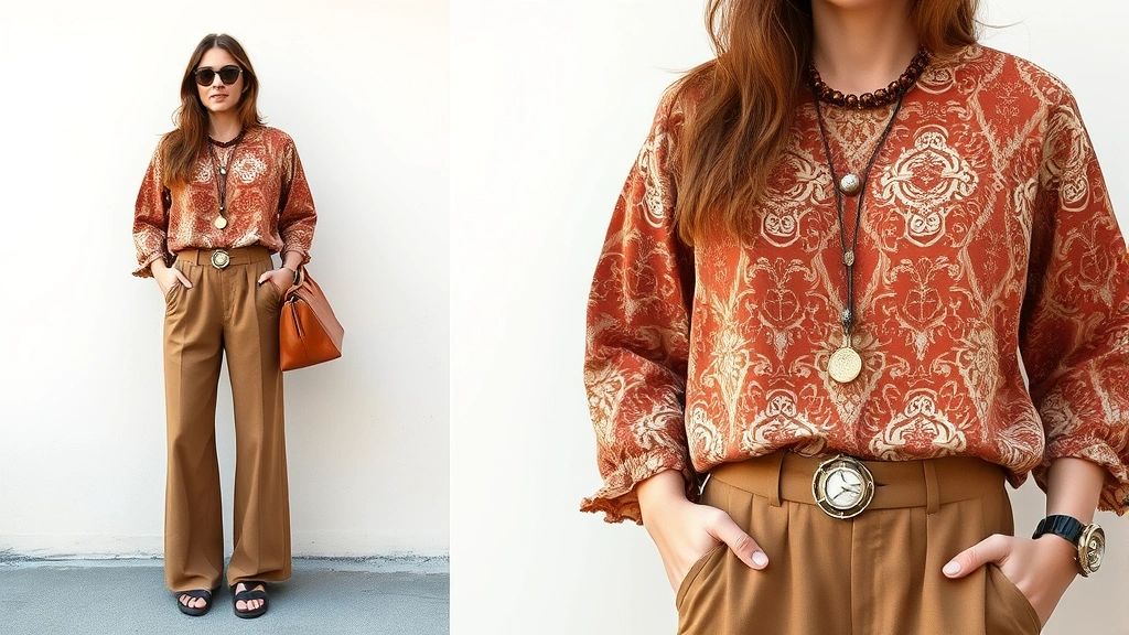 Styled vintage 1970s bohemian ensemble: woman in earth-toned patterned vintage blouse with wide-leg trousers, modern structured leather bag, and contemporary accessories, demonstrating intentional era-mixing for current aesthetic