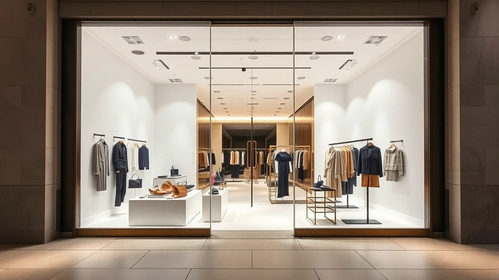 Luxury boutique storefront display with high-end fashion items, minimalist interior design, soft lighting on designer merchandise, welcoming entrance, contemporary aesthetic, no visible signage or text