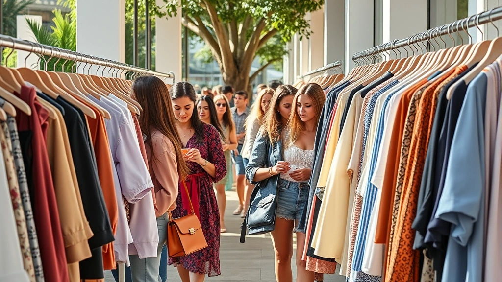 Fashion-conscious shoppers browsing contemporary clothing racks, diverse style preferences visible, natural outdoor shopping environment, casual luxury atmosphere, afternoon lighting, vibrant but sophisticated color palette