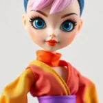 Close-up fashion photography of a 5.5-inch articulated doll wearing vibrant rainbow-colored outfit with dynamic posing, professional lighting highlighting fabric texture and detail work, minimalist white background