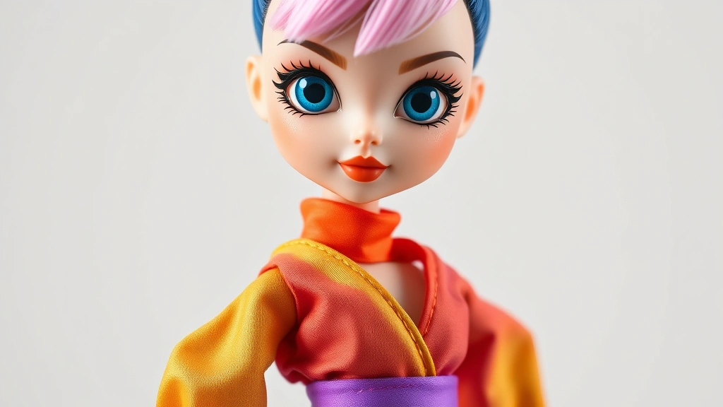Close-up fashion photography of a 5.5-inch articulated doll wearing vibrant rainbow-colored outfit with dynamic posing, professional lighting highlighting fabric texture and detail work, minimalist white background