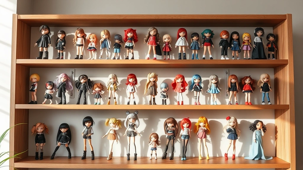 Styled collection display of multiple poseable dolls arranged on wooden shelving with soft natural lighting, showcasing different character designs and color palettes, contemporary interior design aesthetic