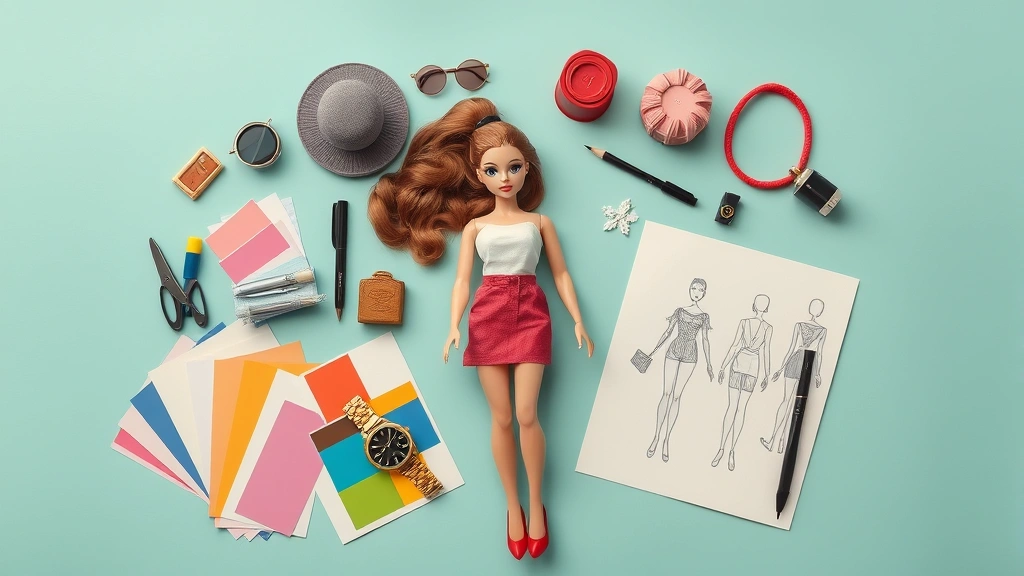 Overhead flat-lay composition of poseable doll with fashion accessories, color swatches, and design sketches arranged artfully, demonstrating how dolls function as design reference tools and creative inspiration