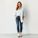Woman wearing oversized white button-down shirt tucked into dark denim jeans, white sneakers, standing confidently against neutral background, natural lighting, effortless casual tomboy style