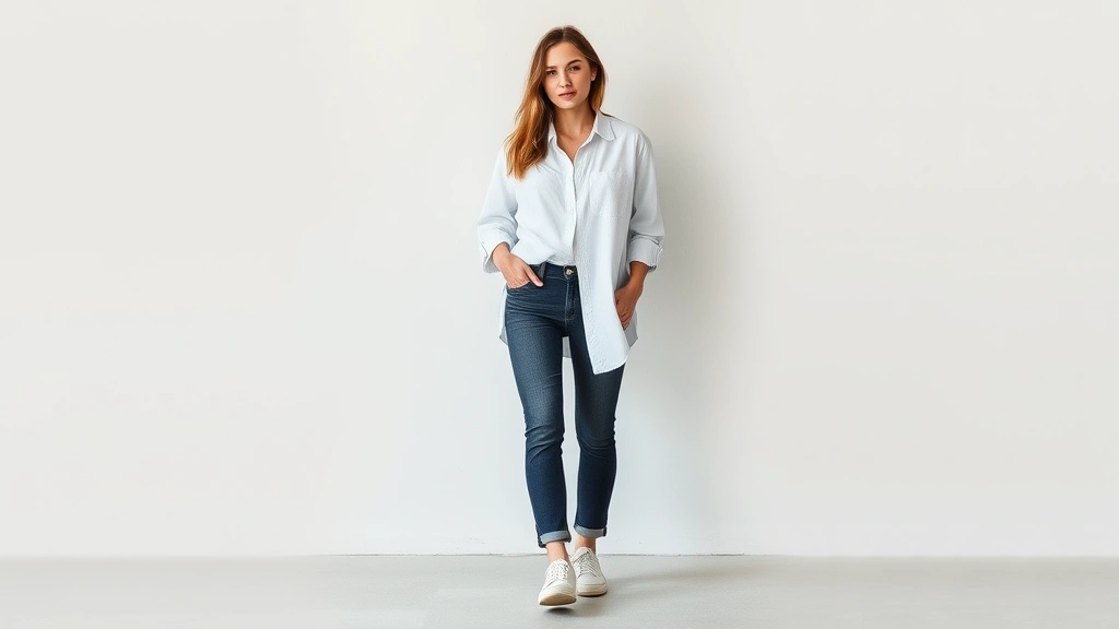 Woman wearing oversized white button-down shirt tucked into dark denim jeans, white sneakers, standing confidently against neutral background, natural lighting, effortless casual tomboy style