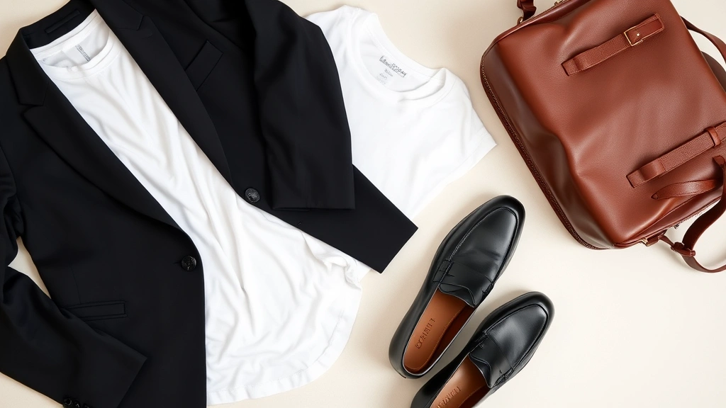 Flat lay of tomboy fashion essentials: tailored black blazer, white t-shirt, leather loafers, minimalist watch, structured leather bag arranged on light surface