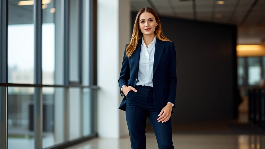 Woman in tailored navy blazer, crisp white shirt, fitted trousers, and black leather ankle boots, professional tomboy styling, indoor modern setting, confident pose