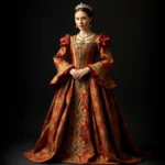 Elaborate Tudor-era gold brocade gown with jeweled embroidery, wide farthingale skirt, standing in formal portrait pose, rich crimson and gold fabrics, dramatic silhouette against dark background