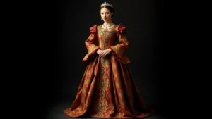 Elaborate Tudor-era gold brocade gown with jeweled embroidery, wide farthingale skirt, standing in formal portrait pose, rich crimson and gold fabrics, dramatic silhouette against dark background