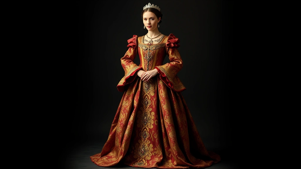 Elaborate Tudor-era gold brocade gown with jeweled embroidery, wide farthingale skirt, standing in formal portrait pose, rich crimson and gold fabrics, dramatic silhouette against dark background