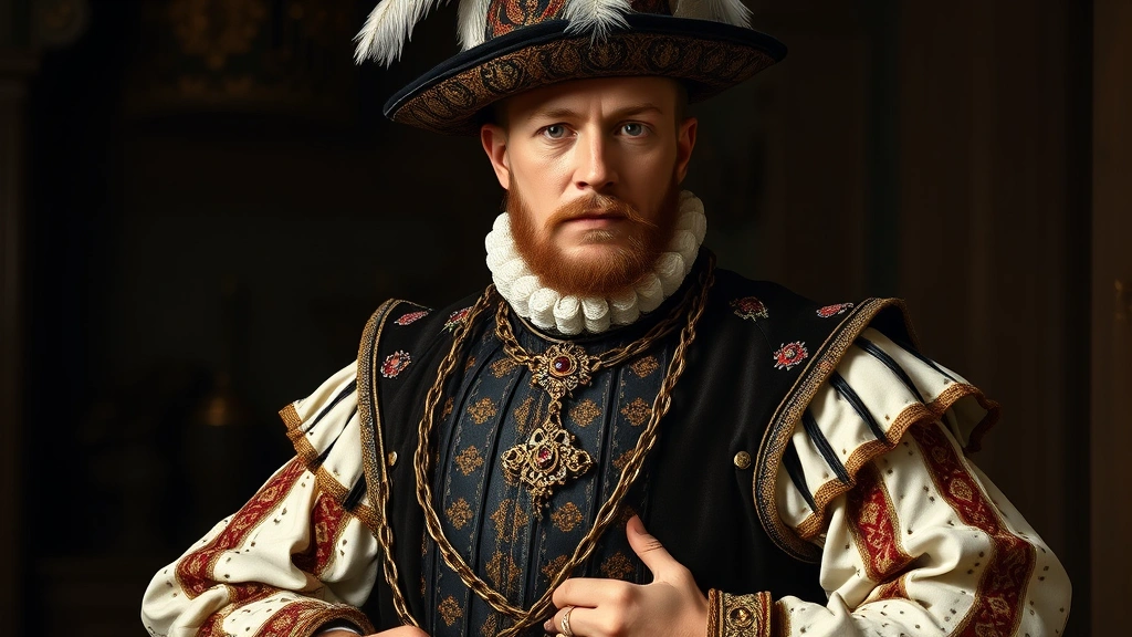 Tudor nobleman wearing ornate slashed doublet with puffed sleeves, jeweled codpiece, feathered hat, holding ornamental chain, confident stance displaying wealth and power