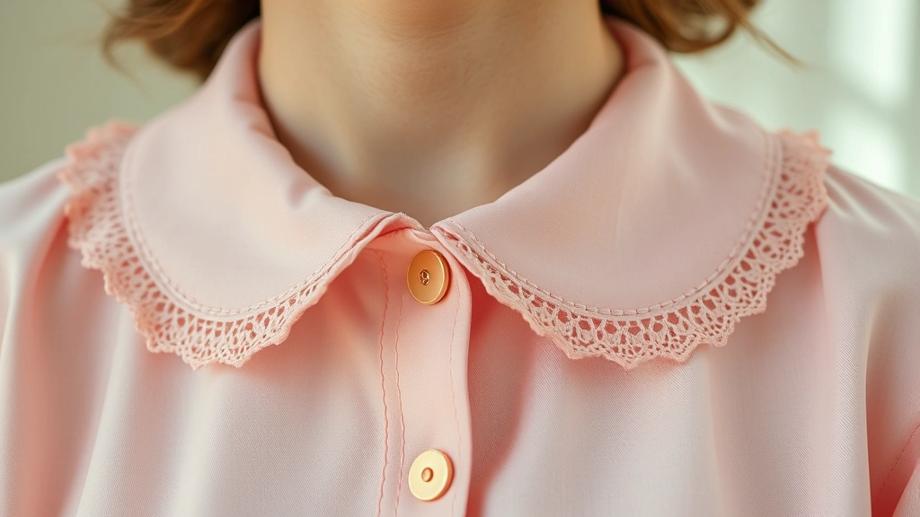 Close-up of vintage Peter Pan collar blouse in soft pink with delicate lace trim, worn with small gold brooch, pastel aesthetic, natural daylight, detailed fabric texture