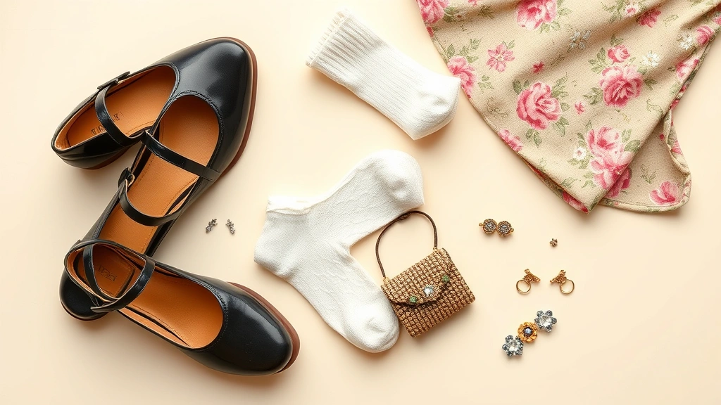 Styled flat lay featuring Mary Jane shoes in patent leather, vintage floral print dress, lace socks, small beaded bag, and hair clips arranged artfully on cream background