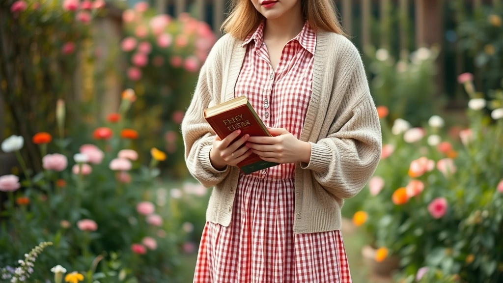 Young woman wearing oversized cardigan over puffed-sleeve blouse, gingham skirt, holding vintage book, standing in garden with flowers, soft natural lighting, cottagecore-twee fusion aesthetic
