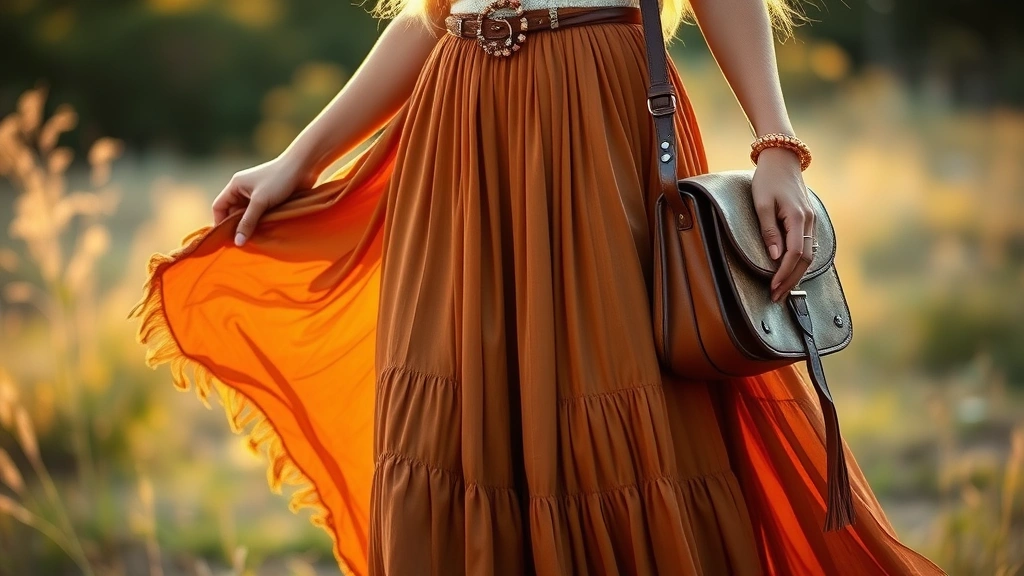 Boho-inspired outfit featuring flowing maxi skirt in earthy tones, layered delicate jewelry, vintage leather bag, standing in natural outdoor setting with warm golden hour lighting