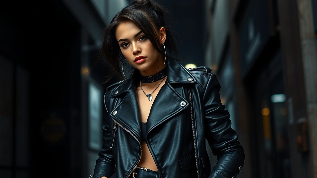 Fashion-forward individual styling edgy black leather jacket with asymmetrical silhouette, bold metal accessories, dark aesthetic, confident pose against urban backdrop with dramatic lighting
