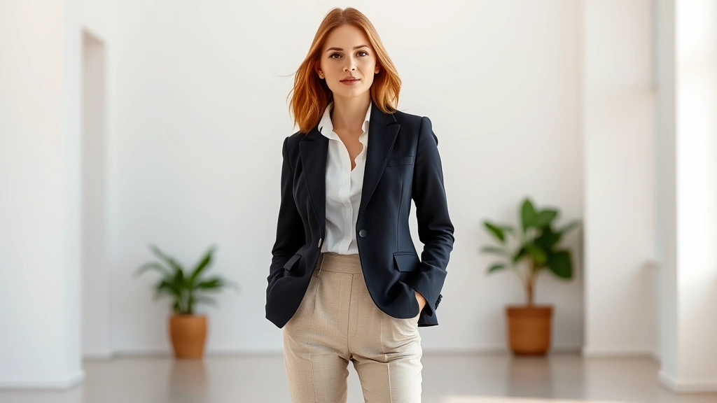 Woman wearing tailored blazer, crisp white shirt, and neutral trousers standing in minimalist interior space, sophisticated professional styling, natural lighting, confident posture, timeless elegance aesthetic