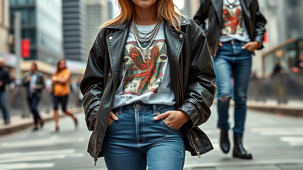 Fashion-forward street style outfit featuring oversized vintage leather jacket, graphic tee, high-waisted jeans, chunky boots, layered silver necklaces, urban city background, confident attitude, trendy contemporary look