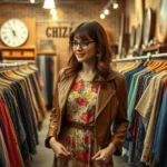 Stylish woman in 1970s vintage floral dress and brown leather jacket browsing clothing racks in a bustling Chicago vintage boutique with exposed brick walls and warm lighting