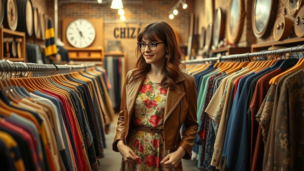 Stylish woman in 1970s vintage floral dress and brown leather jacket browsing clothing racks in a bustling Chicago vintage boutique with exposed brick walls and warm lighting
