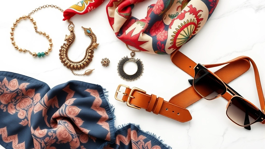 Flat lay of curated vintage fashion items including silk scarves, vintage jewelry, worn leather belt, and retro sunglasses on white marble surface