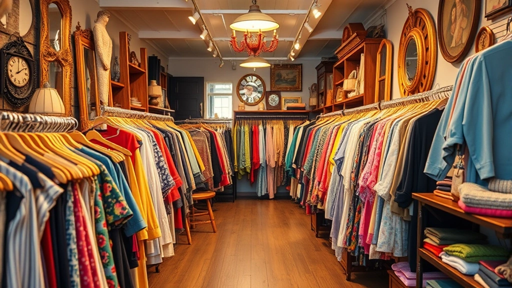 Interior shot of eclectic vintage clothing store with colorful garments on wooden racks, vintage mirrors, and carefully arranged display shelving in warm ambient lighting