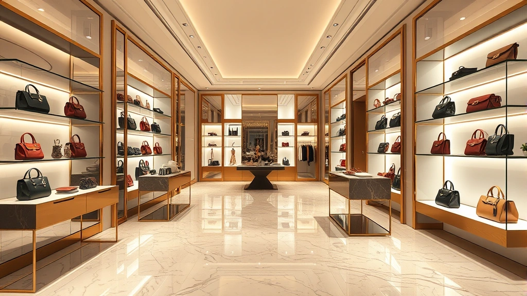 Luxury fashion boutique interior with elegant marble floors and designer handbags displayed on illuminated shelves, warm sophisticated lighting, no people visible
