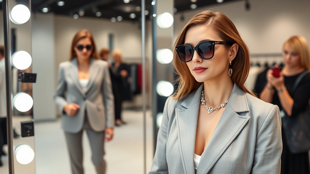 Well-dressed woman in tailored blazer and designer accessories standing in high-end fitting room with three-way mirror, professional styling consultation setting