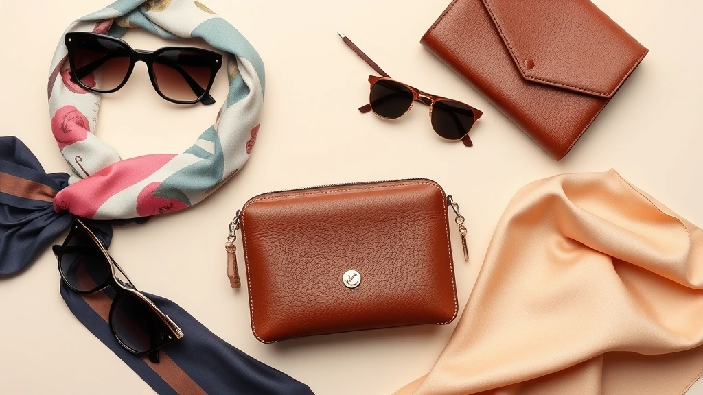 Flat lay of luxury fashion items including silk scarves, designer sunglasses, premium leather accessories, and couture fabric swatches arranged artfully on neutral background