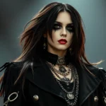 Japanese Visual Kei performer in full makeup wearing black structured jacket with metallic accents, long dark hair with volume, ornate chains and jewelry, pale complexion, dramatic eye makeup design, gothic theatrical aesthetic, nighttime concert lighting