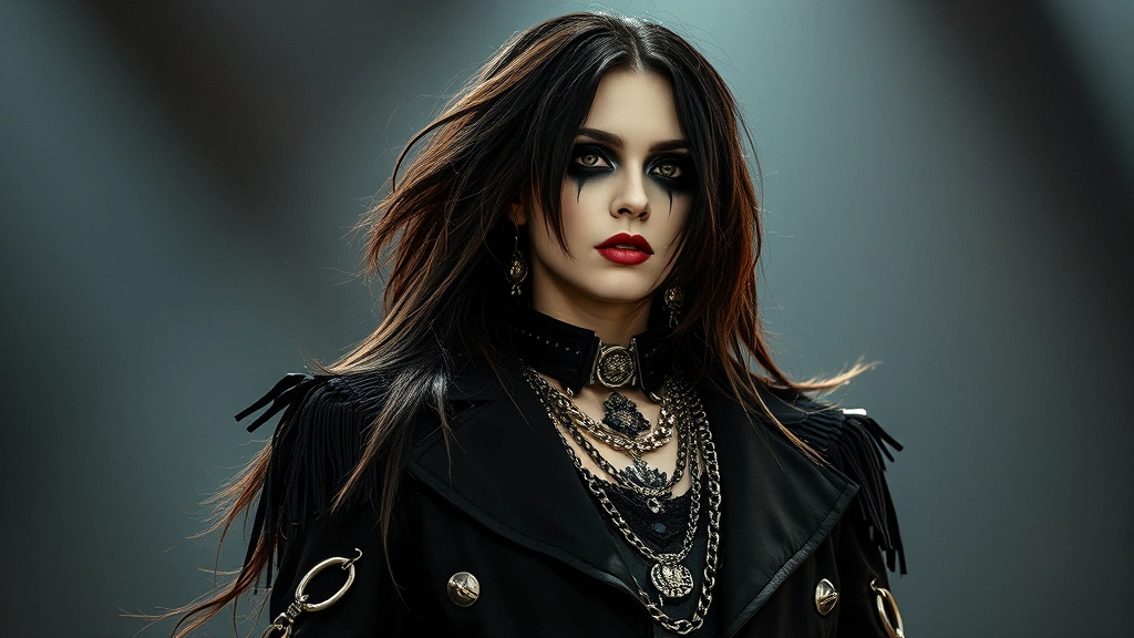 Japanese Visual Kei performer in full makeup wearing black structured jacket with metallic accents, long dark hair with volume, ornate chains and jewelry, pale complexion, dramatic eye makeup design, gothic theatrical aesthetic, nighttime concert lighting
