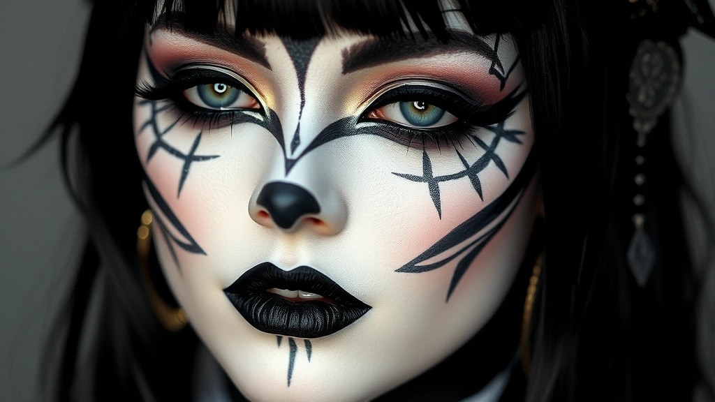 Close-up of Visual Kei makeup artistry featuring geometric black and white face paint designs, pale base, elaborate eyeshadow extending beyond eye shape, dark lips, intricate patterns, theatrical makeup application, artistic expression, high-contrast design